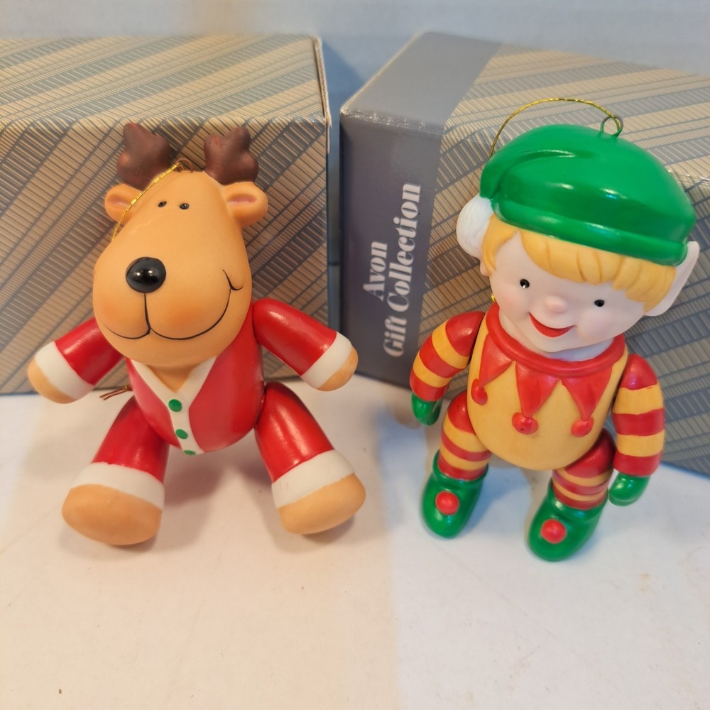 Avon Gift Collection Christmas Reindeer & Elf Hanging Ornaments Set of 2